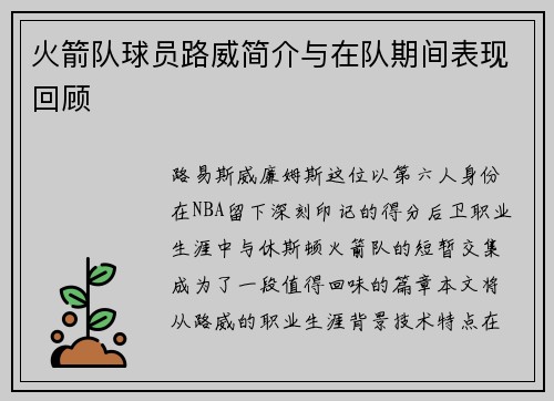火箭队球员路威简介与在队期间表现回顾